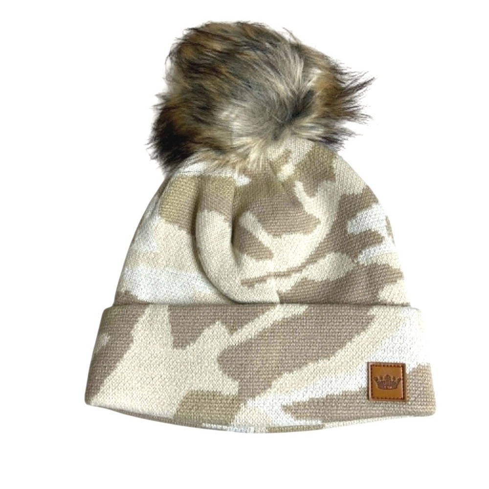 Panache Womens Camo Knit Beanie Tan Cream Faux Fur Pom Pom Hat New